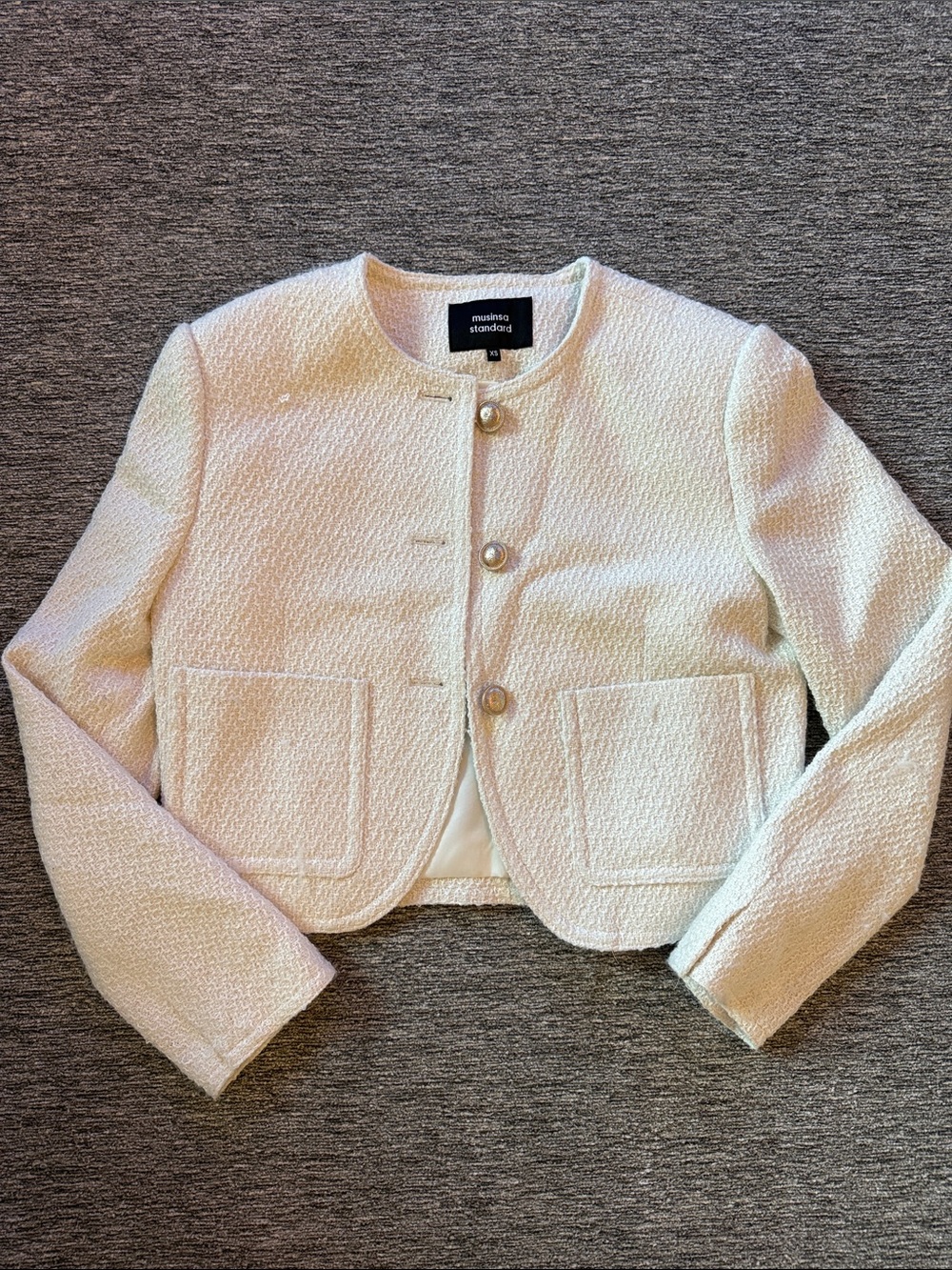 Musinsa Standard Cream Bouclé Cropped Blazer with Pearl Buttons
